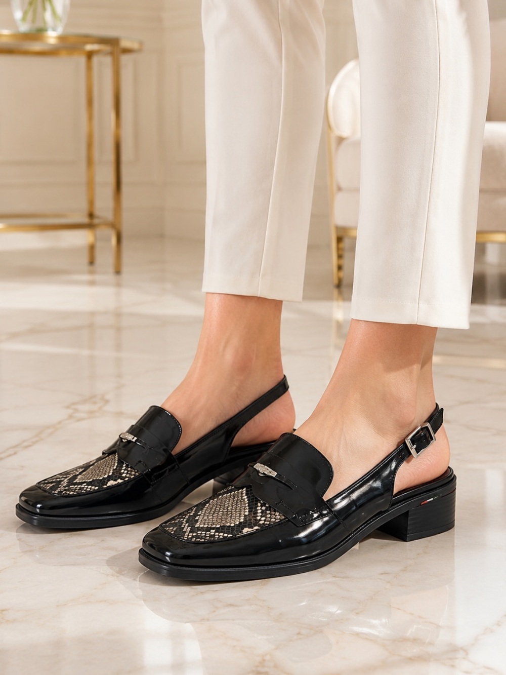 Franco Sarto Black Patent Slingback Loafers with Snake-Print Panel❤️8.5